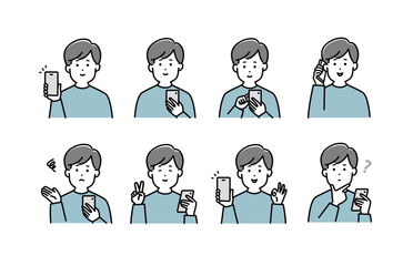 スマホを操作する若い男性のイラストセット