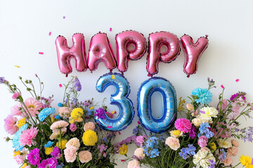 colorful happy 30th birthday foil balloons with vibrant pastel flower arrangements on white background