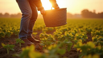 A farmer inspects his crops and harvest, ensuring their health and productivity