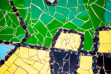 Pieces of tiles of different patterns and bright colors forming abstract figures. Pieces of tiles of different patterns and bright colors forming abstract figures, Cesar Manrique.