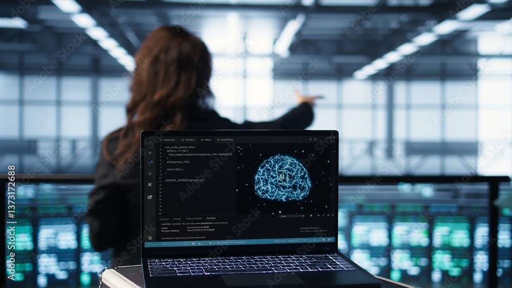 Poster laptop used by data center system administrators using artificial intelligence tech, handheld camera