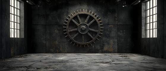Dark Industrial Room With Large Metal Gear on Wall