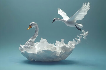 Swan transforming from crumpled paper, taking flight