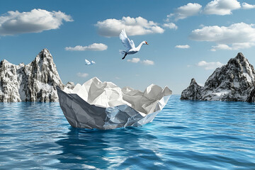 Swan takes flight from crumpled paper boat in icy sea