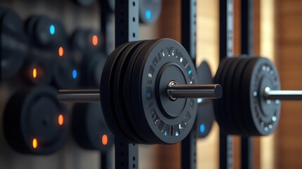 Fototapeta premium A modern weightlifting rack with different weight plates and bars