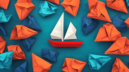 Paper boat amidst crumpled paper; success concept