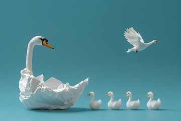 Swans family taking flight, blue background, freedom concept, stock photo