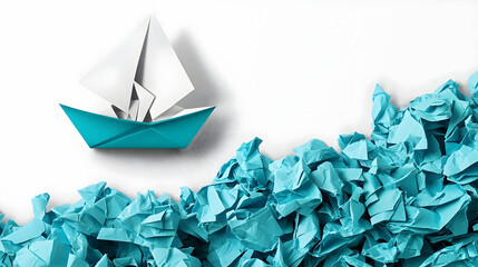 Paper boat sailing over crumpled paper; overcoming challenges