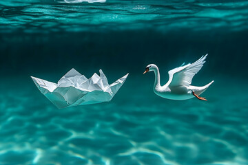 Swan and paper boat underwater, tranquil scene