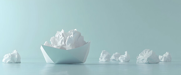Paper boat sailing, crumpled paper balls, light blue background, ideas concept