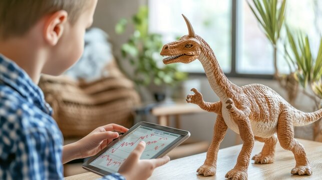 Child Interacting with Dinosaur Toy and Digital Tablet for Learning and Play