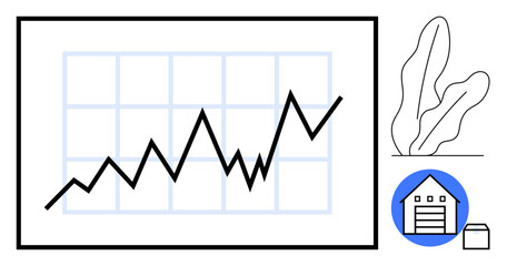 Naklejka premium Rising graph trend over grid, shipping box icon, storage facility icon, plant background. Ideal for analytics, logistics, economy, ecommerce, data growth warehouse management flat simple metaphor