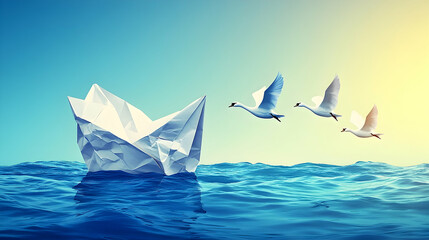 Paper boat sailing ocean; swans fly; sunrise