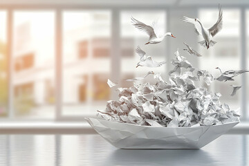 Paper boat with seagulls flying from crumpled papers in office