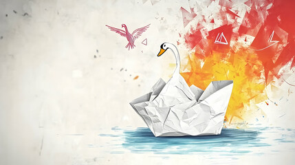 Paper swan boat on water, abstract art background