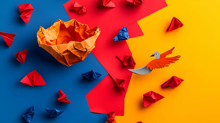 Origami bird escaping crumpled paper boat on colorful background