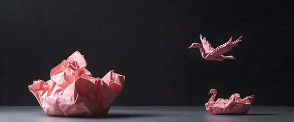 Pink origami birds fly, crumpled paper ball, dark background, concept of ideas