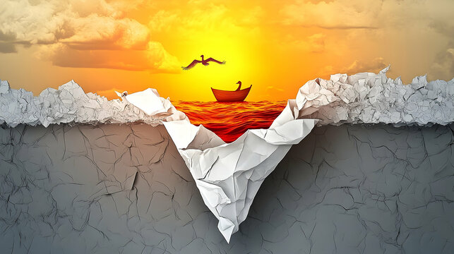 Sunset boat hope; paper tear reveals ocean