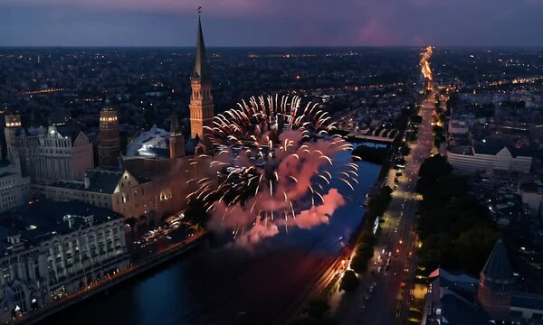 View of fireworks and fireworks from a bird's-eye view over the city of Minsk. Colored lights in the sky over a river in Europe. Celebratory salute. Victory day may 9