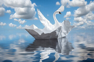 Swan emerging from paper boat, serene waters, clouds