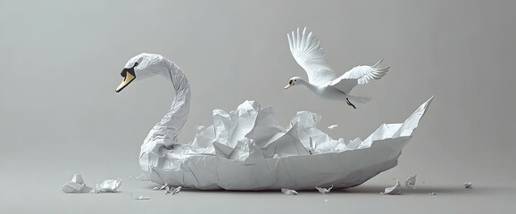 Paper swan breaking, bird flying, grey background, transformation concept