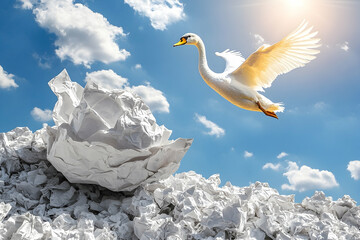 Swan soaring over paper waste; bright sky.  Environmental concept image