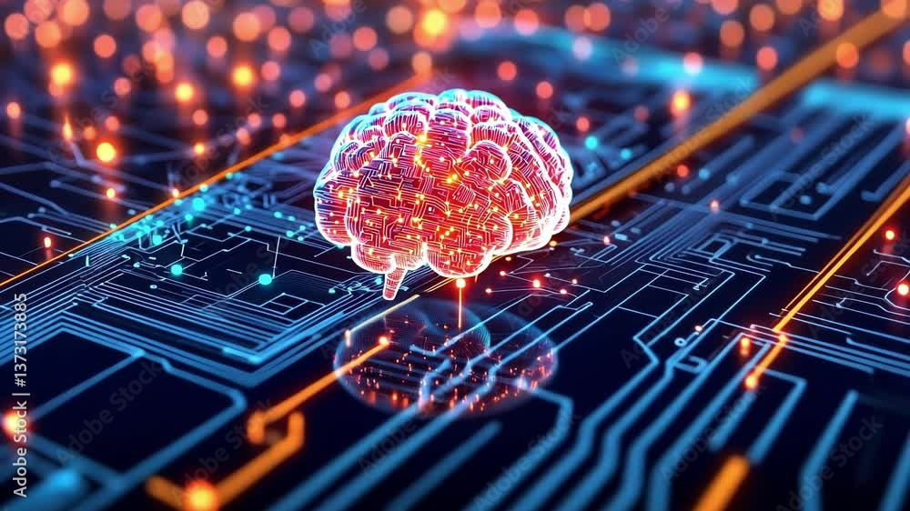 Poster red glowing ai digital brain hologram floating above a blue smartphone circuit board with an orange 