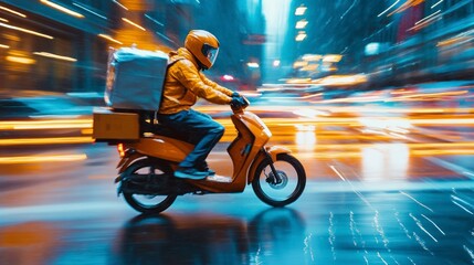 Nighttime Delivery Rider Navigates Busy City Streets Under Neon Lights