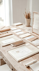 workspace filled with design materials, sketches, and tools for creativity. wooden table s various textures and colors, inspiring artistic expression