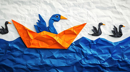 Origami swan boat leads black swans on crumpled paper sea