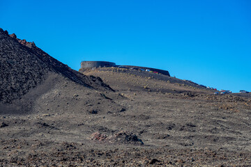 Restaurant and parking for visitors to the Timanfaya park located on the island of Lanzarote -...