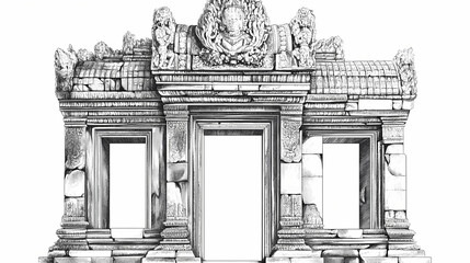 Fototapeta premium Khmer ancient gate, isolated on white background. Engraved Relic. Illustration