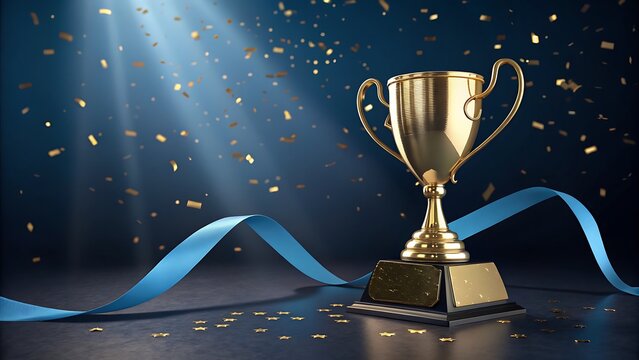 A golden trophy with a blue ribbon and confetti falling on a dark blue background with light rays shining