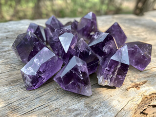 Group of Deep Purple Amethyst Crystals on Wooden Surface