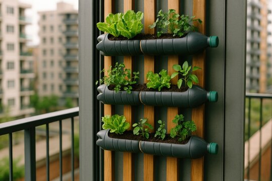 Young seedlings in handmade planters from recycled plastic bottles
