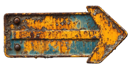Rusty yellow road sign with an arrow pointing right isolated on white background
