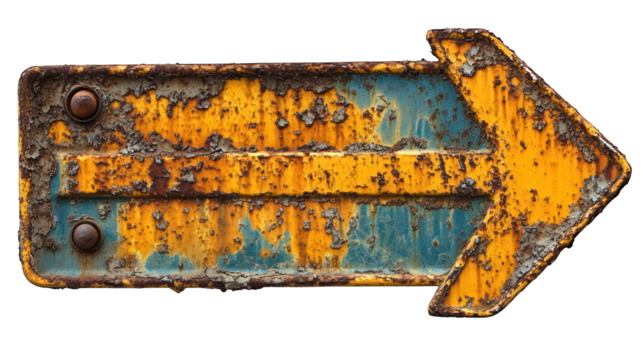 Rusty yellow road sign with an arrow pointing right isolated on white background - Powered by Adobe