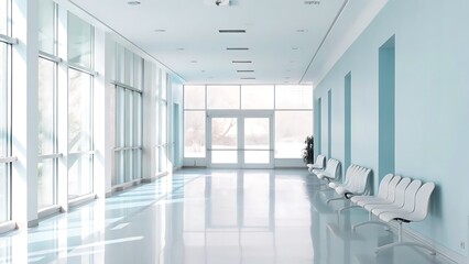 Obraz premium Bright hospital hallway with white waiting chairs and large windows creating a clean environment
