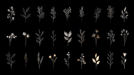 collection of black and white botanical illustrations featuring various plants and flowers, showcasing intricate details and elegant designs