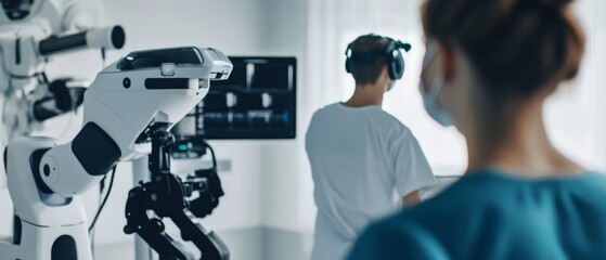 Engineers designing AI powered robotic exoskeletons, high-tech rehabilitation center with real-time patient mobility data and AI-driven wearable technology, High-tech style