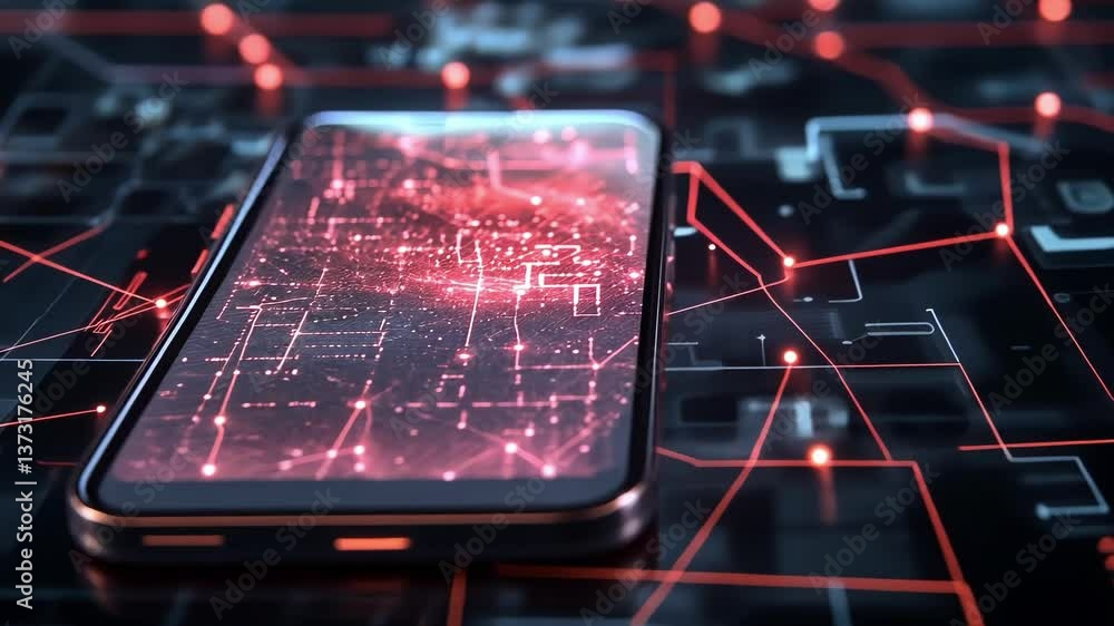 Poster an artistic depiction of a smartphone embedded in a web of blockchain connections with glowing nodes
