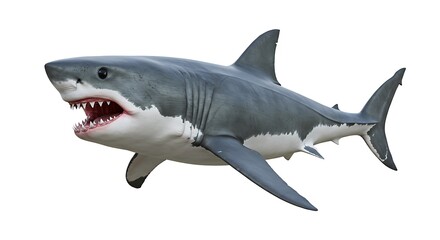 A great white shark, powerfully swimming, its jaws slightly open, a predator of the deep ocean, rendered in realistic detail against a stark white background.