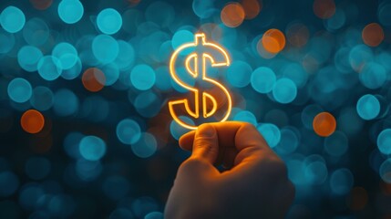 A businessmans hand presents a glowing dollar sign, symbolizing online banking and smart investments in a vibrant blue backdrop.
