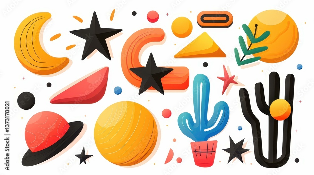 Poster explore a vector set featuring minimalist brutalist design elements with unique shapes and stars, pe