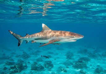 Fototapeta premium A graceful grey reef shark glides effortlessly through a vibrant coral reef, sunlight dappling the turquoise water.