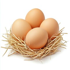 Fresh eggs nestled in soft straw create a rustic and appealing display against a clean white background.