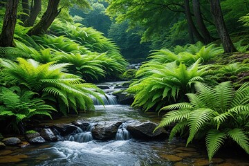 Fototapeta premium Vibrant Ferns by Refreshing Stream in Serene Summer Scenery