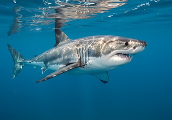 Fototapeta premium A majestic great white shark glides effortlessly through the deep blue ocean, sunlight dappling its powerful form, a breathtaking underwater ballet.