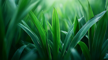 Obraz premium Close up of vibrant green grass blades in lush, blurred greenery background, evoking sense of tranquility and nature beauty