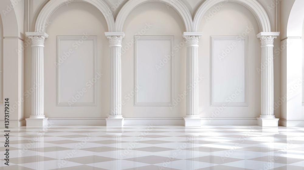 Poster a serene arched gallery showcases columns and empty frames, evoking the beauty of classical architec